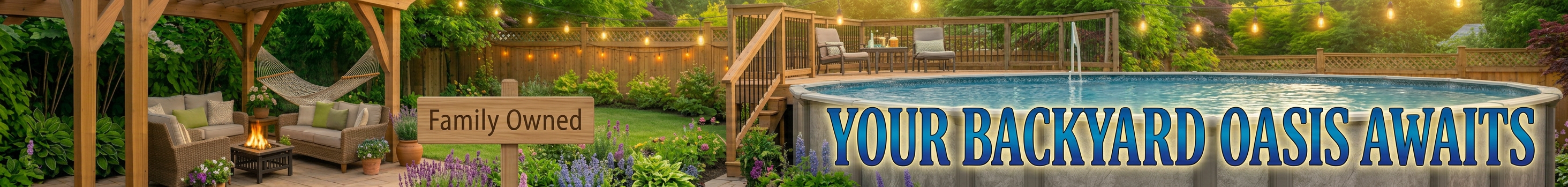 Backyard patio with wooden pergola, outdoor seating, string lights, garden pond, and colorful plants